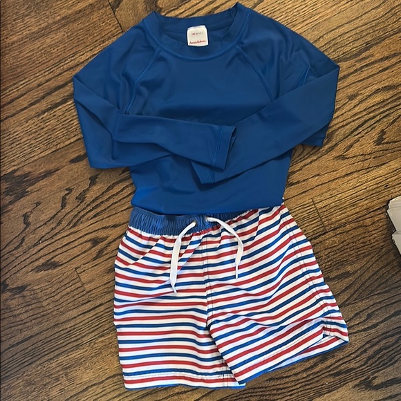 Hanna Andersson Solid Blue Rash Guard with Striped Swim Shorts